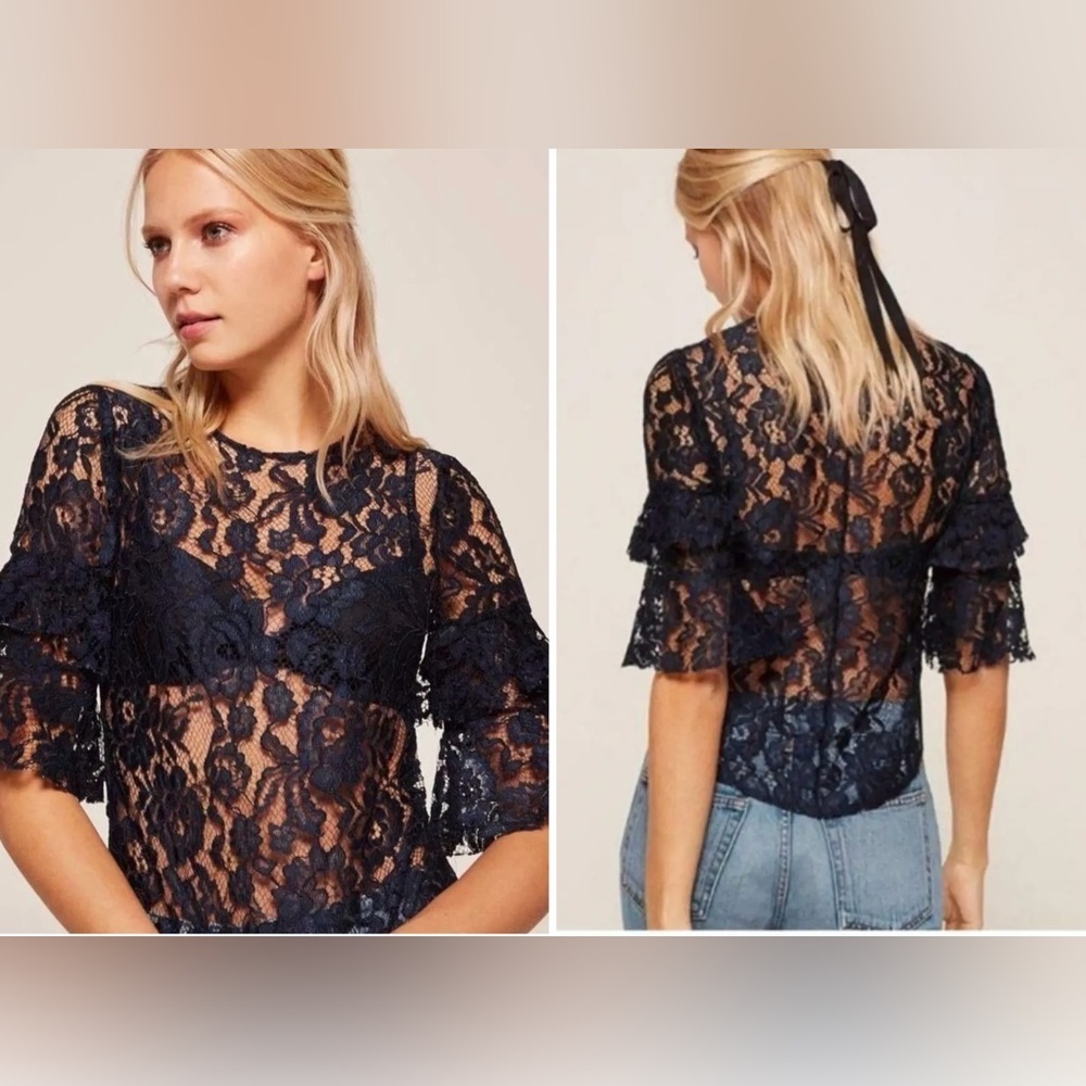 New! Reformation Marie Navy Blue Sheer Lace Ruffle Sleeve Blouse 💙 Medium